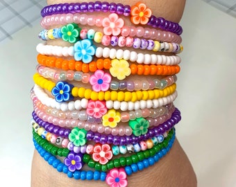 Boho Style stacking seed bead bracelets with flowers. Flower bead bracelets for girls and women. Personalized jewelry. Easter Basket Filler