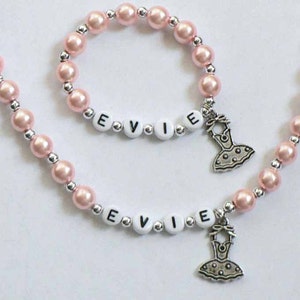 Pearl Personalized Name Necklace & Bracelet Set Jewelry for little girls YOU CHOOSE the pearl color and charm Flower Girl Jewelry image 2