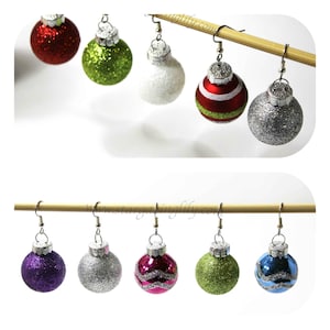 Glass Tree Ornament Bulb Earrings! Adorable 7/8 inch and Bright Colored covered in glitter. Hypoallergenic Surgical Steel Hooks or Clip-on&#39;s