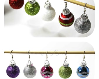 Glass Tree Ornament Bulb Earrings! Adorable 7/8 inch and Bright Colored covered in glitter. Hypoallergenic Surgical Steel Hooks or Clip-on's