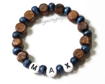 Masculine Boys Wood beaded bracelet. Personalized name bracelet for kids. Party Favor Stocking Stuffer or Valentine for Boys. Hypoallergenic