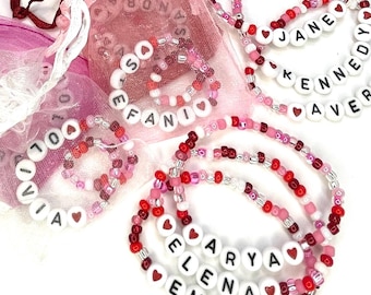 One Valentines Day Bracelet Party Favors, Personalized name kids adults girls boys galentine. seed bead bracelet w red heart beads heart