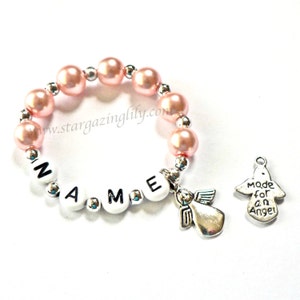 Newborn Keepsake Angel Baby Memory Bracelet Personalized little girl Name Bracelet Pink Pearl Children&#39;s Toddler Child Kids Stocking Stuffer