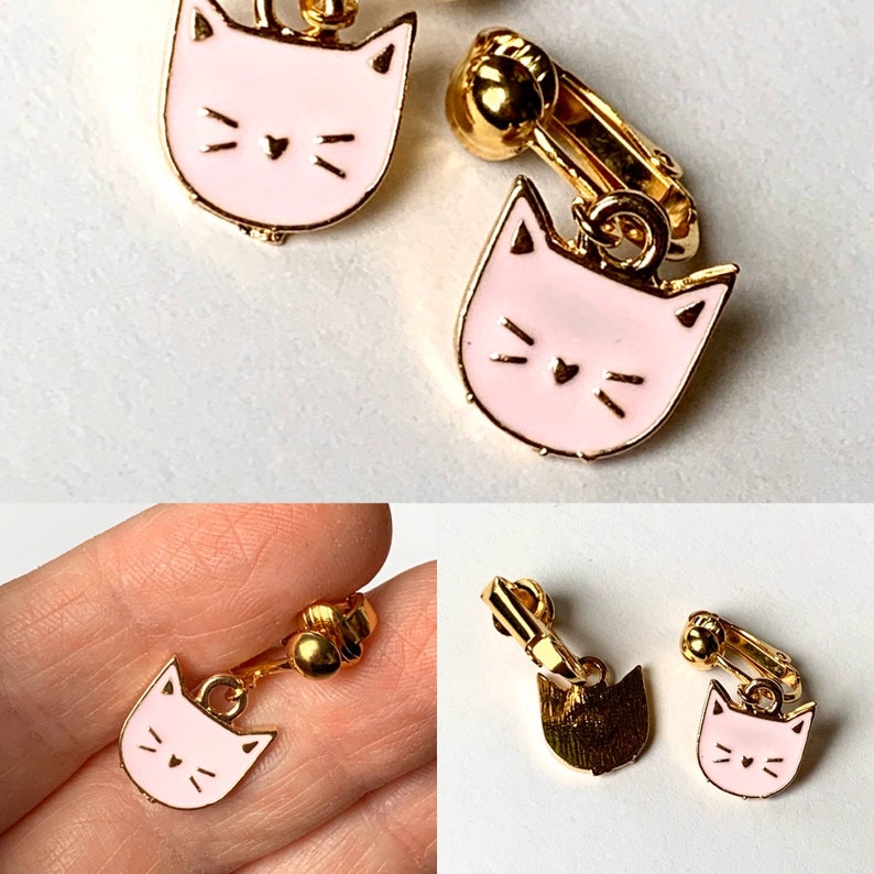 Animal earrings for kids. hedgehog, koala, jellyfish, cat, dog, sheep, puppy, kitten, cow Clip-ons or hooks, Little girl gift easter EE Pink Cat Face