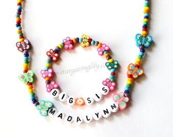 Big Sister Gift Rainbows & Butterflies Personalized Name Necklace and Bracelet Jewelry Set toddler preschool girls kids size Big Sister
