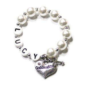 Goddaughter Bracelet. Keepsake Bracelet in White or Ivory Pearl. Personalized Name Bracelet with Cross Charm for God daughter.