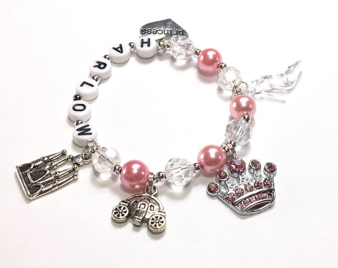 Princess Charm Bracelet. Princess Jewelry Personalized Name Bracelet Pink Pearl Bracelet Little Girl Princess Jewelry YOU CHOOSE pearl color
