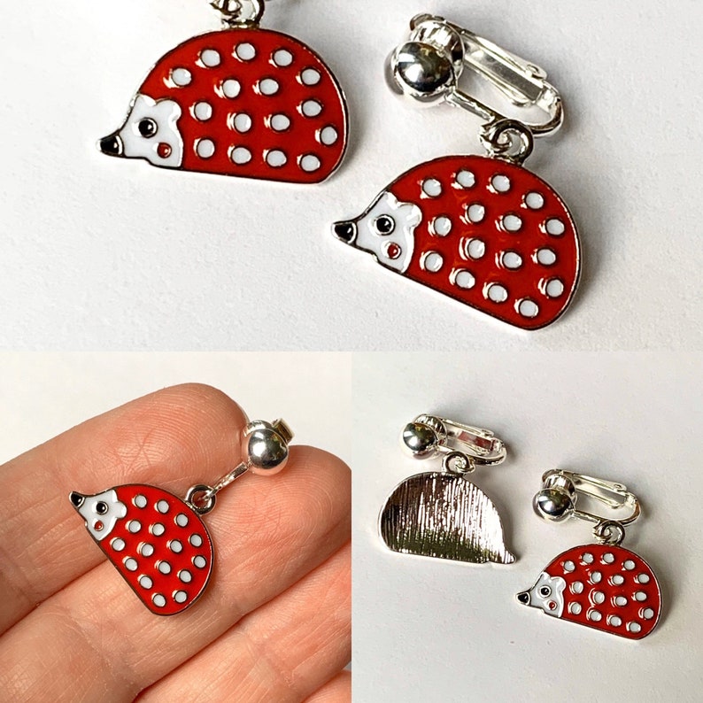 Animal earrings for kids. hedgehog, koala, jellyfish, cat, dog, sheep, puppy, kitten, cow Clip-ons or hooks, Little girl gift easter EE Red Hedgehog