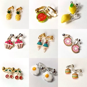 Food, fruit, dessert, clip on earrings for kids. Cupcake, donut, watermelon, pineapple, hamburger, fried egg, lemon, cherries, ice cream HH