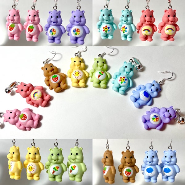 Rainbow Cartoon Bear earrings clip on or hooks. 80s retro throwback colorful statement earrings. Grumpy Sunshine Cheerful Bear Easter Gift