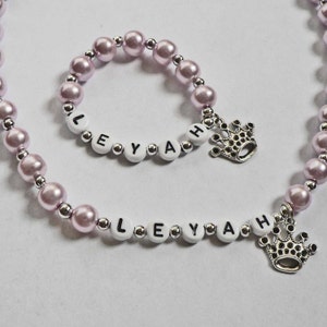 Pearl Personalized Name Necklace & Bracelet Set Jewelry for little girls YOU CHOOSE the pearl color and charm Flower Girl Jewelry image 3