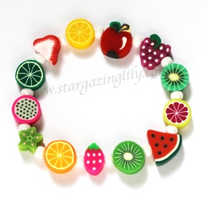 Tutti Fruity Summer Fun Bracelet Hypoallergenic. Clay fruit shaped beads. Fruit salad jewelry party favor lemon lime watermelon