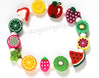 Tutti Fruity Summer Fun Bracelet Hypoallergenic. Clay fruit shaped beads. Fruit salad jewelry party favor lemon lime watermelon