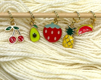 Fruit Food Stitch Markers, Set of 5, CHOOSE knit or crocket style. Cherry strawberry pineapple watermelon avocado. Gift for knitter