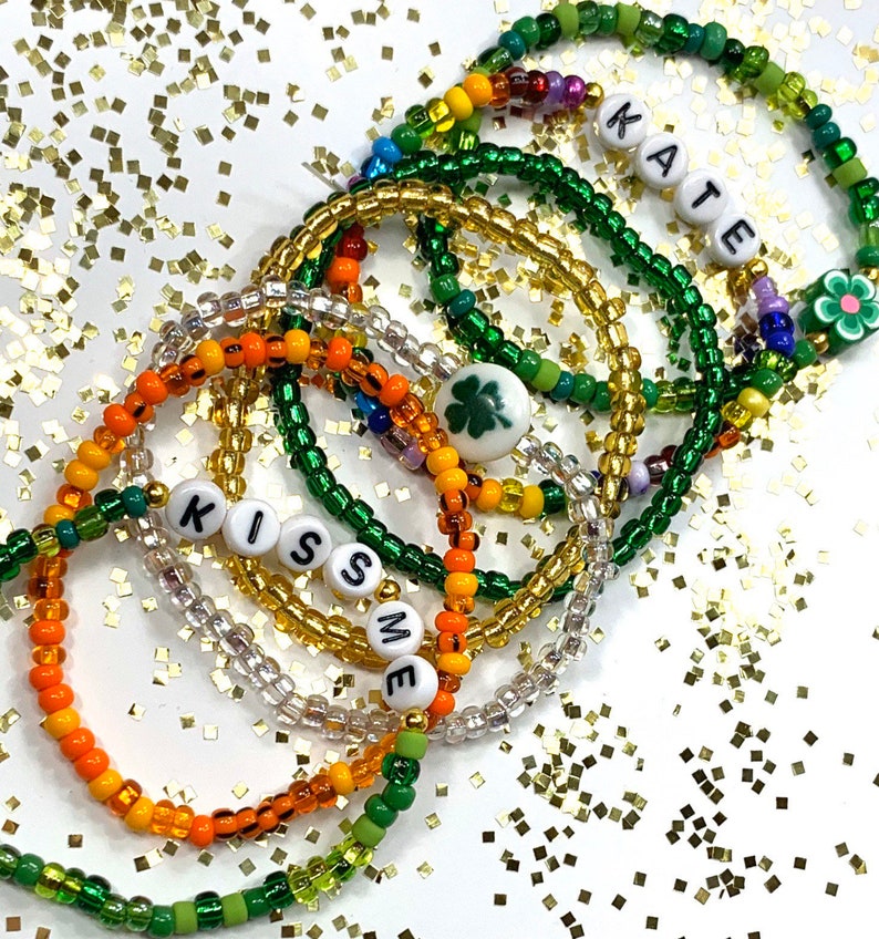 St. Patrick's Day Personalized Seed Bead Name Bracelet. Etsy
