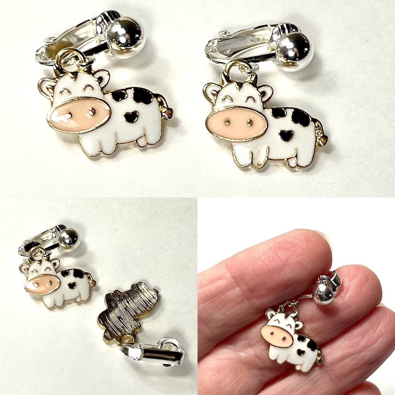 Animal earrings for kids. hedgehog, koala, jellyfish, cat, dog, sheep, puppy, kitten, cow Clip-ons or hooks, Little girl gift easter EE Cow