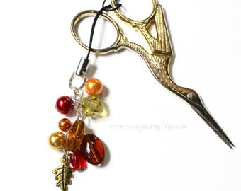 Autumn Scissor Fob. Gold leaf charm with Fall color beads & crystals Great Gift for Crafter Knitter Crocheter Stocking Stuffer Quilting Club