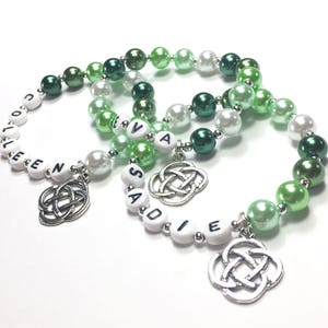 Celtic Knot Charm Bracelet Green Glass Pearl Monochrome Personalized Little Girl name bracelet. YOU CHOOSE CHARM St. Patrick's Day Bracelet