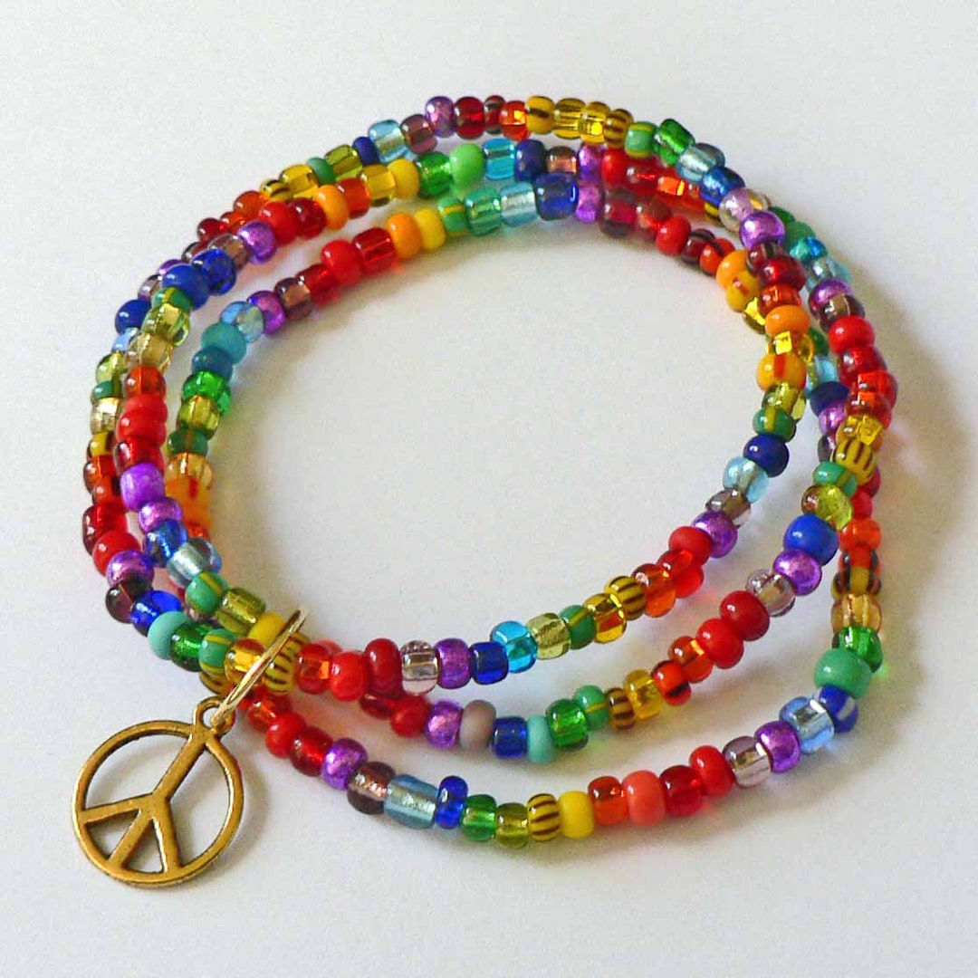 Rainbow Beaded Bracelet. Glass Beads with Acrylic Letters. Be Kind. Love. Peace. Pride
