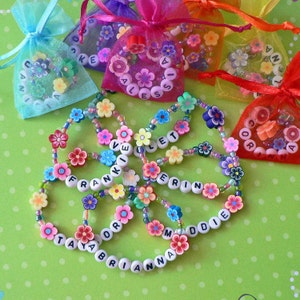 Kids Personalized Luau Party Favors Flower Lei Bracelets Children's Jewelry Name Bracelet Tiki Party Moana Themed Party Garden Party Clay image 4
