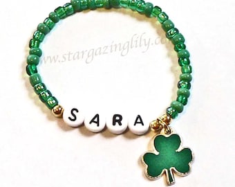 St. Patrick's Day Bracelet Personalized Name Bracelet Shamrock 4 leaf clover Charm Child Jewelry Party Favor Infant Children Kid Adult Sizes