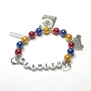 Personalized Charm Bracelet with name YOU CHOOSE up to 5 charms pearl color Custom pearl bracelet jewelry for Little Girls Women Ladies Teacher