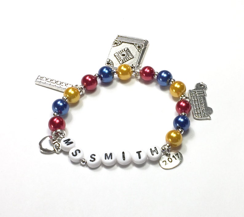 Personalized Charm Bracelet with name YOU CHOOSE up to 5 charms pearl color Custom pearl bracelet jewelry for Little Girls Women Ladies Teacher