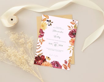 Autumn wedding invitation set. Dusty red persian plum. editable in CANVA. Alexander collection