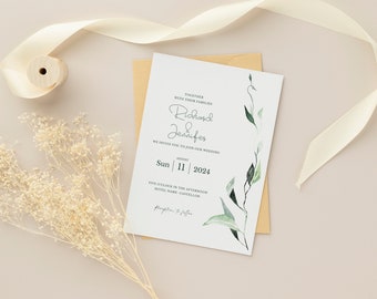 Faire-part de mariage simple mais élégant. Modifiable dans CANVA. Numérique et imprimable. Feuilles