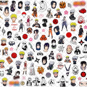 May include: A collection of colorful anime-style character stickers, featuring various characters with spiky hair and distinctive facial expressions. The stickers include a variety of shapes and sizes, with some featuring Japanese text and floral accents.