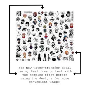 May include: A grid of 64 black and white illustrations of anime characters. The characters are all in different poses and expressions. The text below the grid reads: "For new water-transfer decal users, feel free to test with the samples first before using the designs for more convenient usage!"