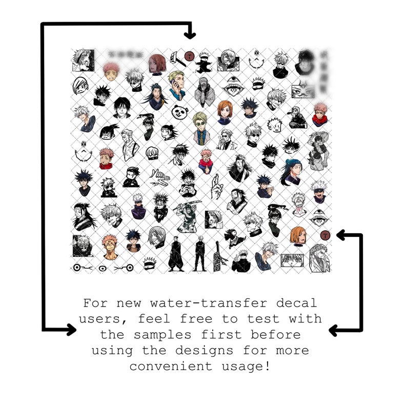 May include: A grid of 64 black and white illustrations of anime characters. The characters are all in different poses and expressions. The text below the grid reads: "For new water-transfer decal users, feel free to test with the samples first before using the designs for more convenient usage!"