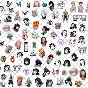 May include: A digital collage of colorful anime characters from the Demon Slayer series. The characters are arranged in a grid pattern and include Tanjiro, Nezuko, Zenitsu, Inosuke, and other characters from the show. The characters are depicted in various poses and expressions, and some are holding weapons or other objects. The background is a white grid pattern.