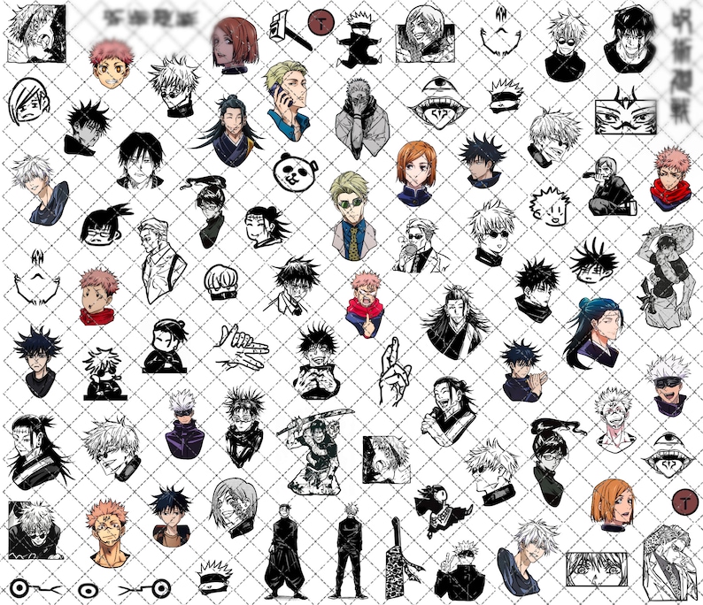 May include: A digital illustration featuring a collection of black and white anime characters with various expressions. The characters are arranged in a grid pattern against a white background.