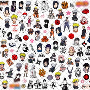 以下が含まれることがあります： グリッド背景に配置された、ナルトのアニメキャラクターのステッカーとシンボルのコレクション。ナルト、サスケ、サクラ、カカシの様々なポーズのイラストや、写輪眼などの象徴的なエンブレムが含まれています。
