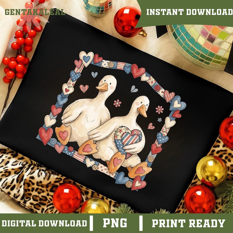 Vintage Goose Png, Country Farmhouse Duck Png, 90s Retro Goose Couple Png, Cute Duck Couple, Love Heart Frame Country Cottage PNG image 4