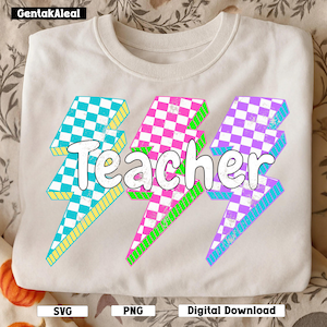 Lightning Bolt Teacher Png, Back To School Png, Neon Teacher Shirt Png, Retro Teacher Png, Checkered Teacher Png, PNG Design Download