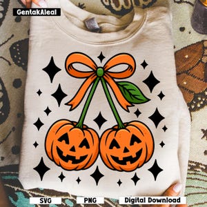 Pumpkin Cherries Png, Autumn Girly Png, Halloween Pumpkin Png, Pumpkin Cheeries Coquette Png, Retro Fall Png, Pumpkin Bow
