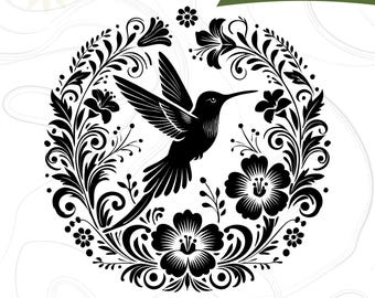 Flores de colibrí SVG PNG, Clipart de colibrí, Imagen vectorial de flor, Silueta de pájaro, Diseño de sublimación, Archivo de corte de pájaro