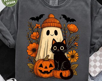 Cute Halloween Ghost and Cat Png, Retro Spooky Floral Halloween Png, Halloween Png, Funny Halloween Png, Black Cat Png