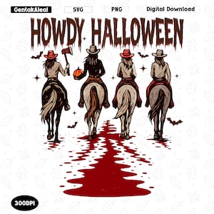 Howdy Halloween Png, Cowgirl Riding, Funny Cowgirl Halloween Design, Spooky Cute Western Halloween Clipart, Retro Western Halloween Png