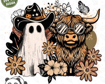 Floral Fall Highland Cow Ghost Png, Halloween Spooky Season png, Autumn Cow png, Boo ghost sublimation, Fall Pumpkin png, Cow Lover png
