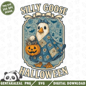 May include: A whimsical Halloween-themed graphic featuring a goose dressed in a blue quilt, holding an orange jack-o'-lantern. The text "SILLY GOOSE HALLOWEEN" is displayed above and below the goose. The design includes bats, ghosts, and other Halloween elements.