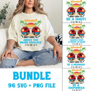 以下が含まれることがあります： 休暇をテーマにした4つの異なるデザインを含む、96個のSVGとPNGファイルのデジタルダウンロードバンドル。各デザインには、ヤシの木と夕焼けが描かれたサングラスが描かれており、「Vacation 2025」というテキストと、休暇中の活動に関するユーモラスなフレーズが書かれています。フレーズは、「Most Likely to Be a Nauti」、「Most Likely to Abuse the Drink Package」、「Most Likely to Always Have a Drink in Hand」、「Most Likely to Be a Mermaid」です。