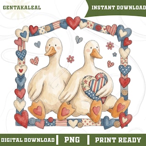 Vintage Goose Png, Country Farmhouse Duck Png, 90s Retro Goose Couple Png, Cute Duck Couple, Love Heart Frame Country Cottage PNG image 1