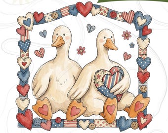 Ganso vintage PNG, Pato de granja PNG, Pareja de gansos retro de los 90 PNG, Pareja de patos adorables, Marco de corazón de amor, Casa de campo PNG
