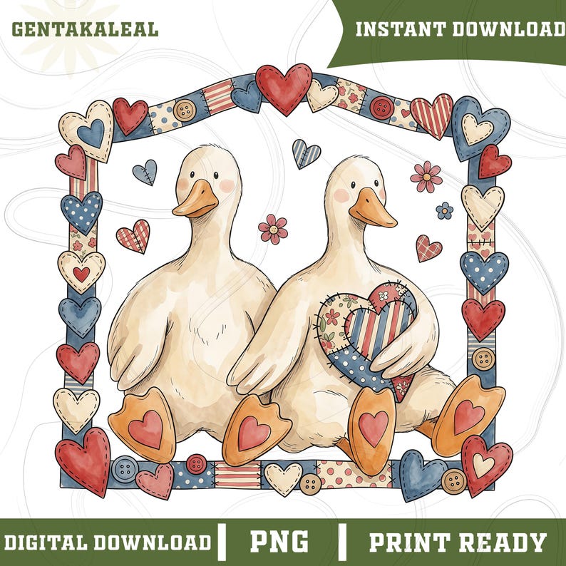 Vintage Goose Png, Country Farmhouse Duck Png, 90s Retro Goose Couple Png, Cute Duck Couple, Love Heart Frame Country Cottage PNG image 1