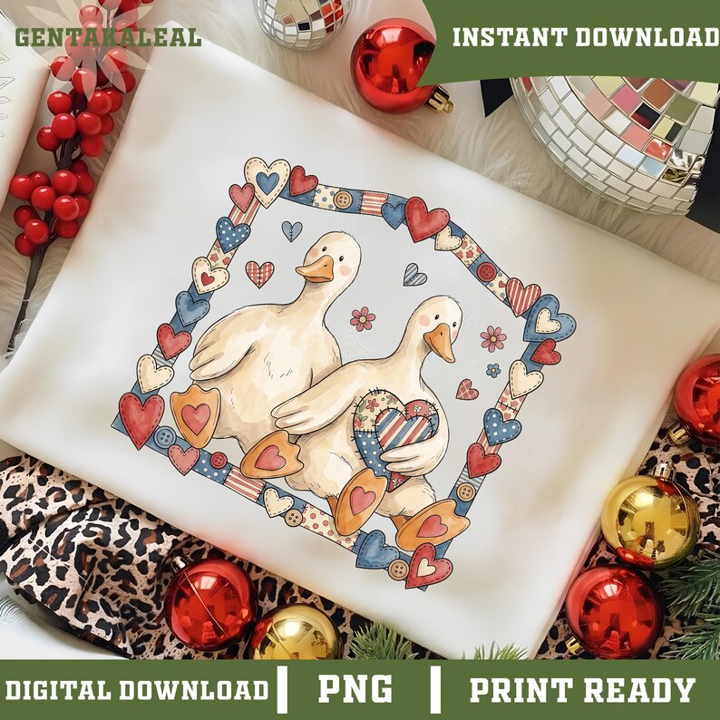 Vintage Goose Png, Country Farmhouse Duck Png, 90s Retro Goose Couple Png, Cute Duck Couple, Love Heart Frame Country Cottage PNG image 5