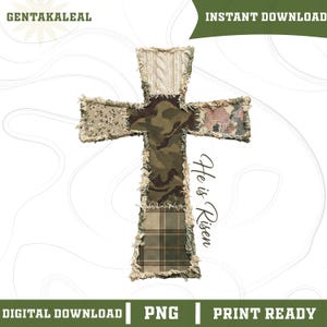 May include: A patchwork cross design featuring various fabric patterns, including camouflage, floral, and cable knit. The text "He is Risen" is written vertically on the right side. The design is labeled "Digital Download | PNG | Print Ready".