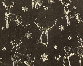 Christmas Stags and Snowflakes on Black 100% Cotton Fabric BTY